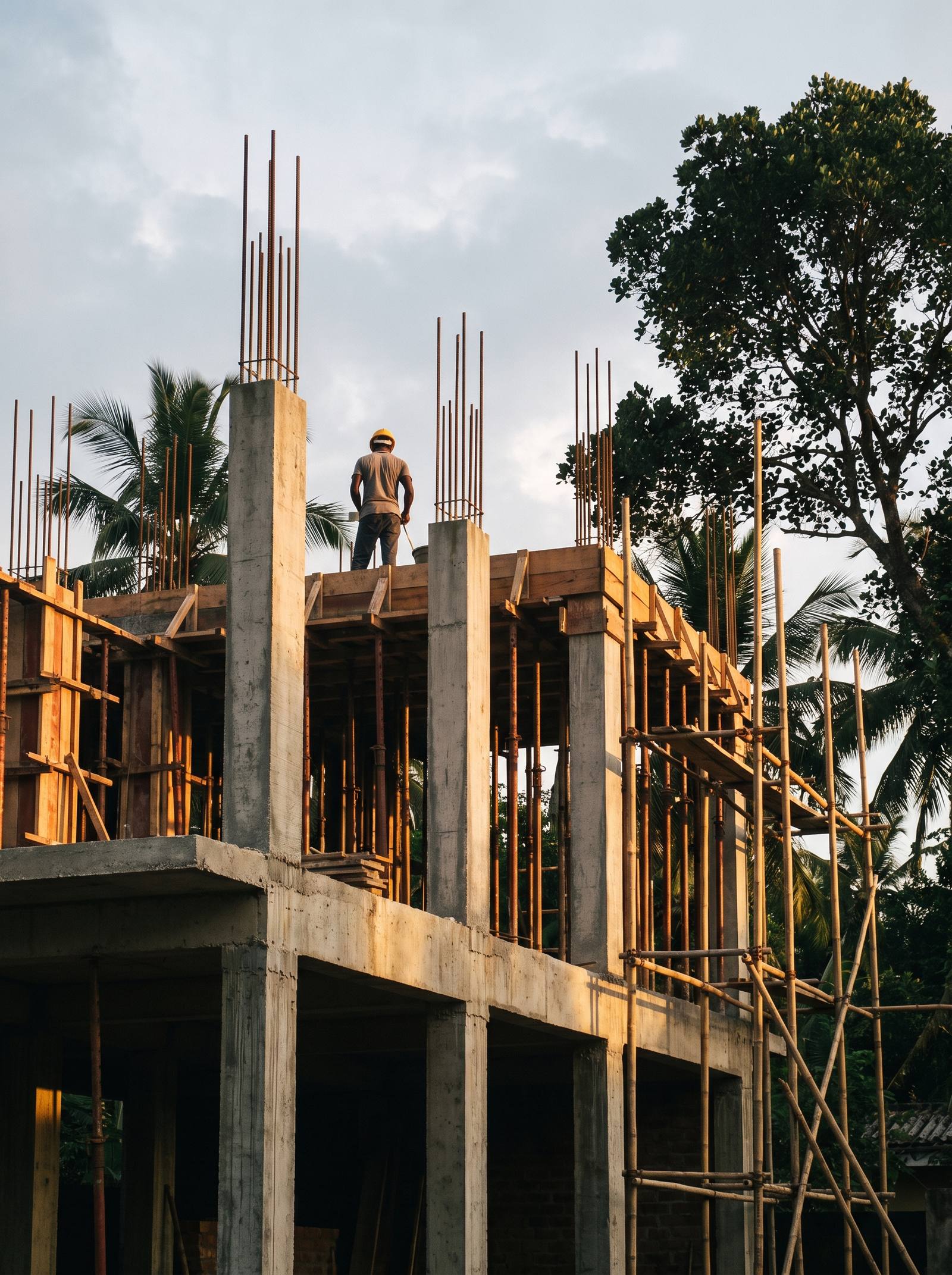 A two-storey reinforced-concrete house under construction in Sri Lanka